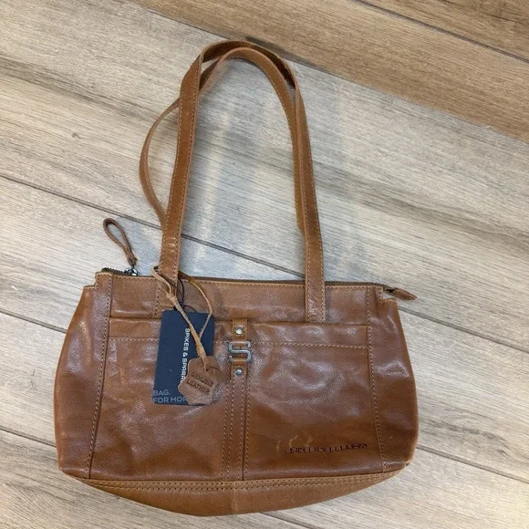 New Spikes & Sparrow Medium Leather Double Strap Shoulder Bag Cognac Brown - Picture 4 of 10